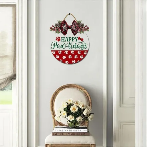Vista 6 de Decoración de puerta de Navidad con texto en inglés «Happy Pawlidays» para puerta delantera, corona de Navidad, letrero colgante de madera rústica M1