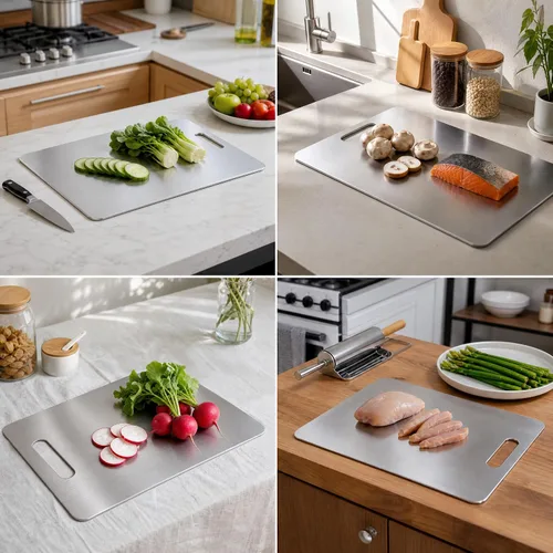 Vista 8 de Tabla de cortar, 3 piezas, tablas de cortar de acero inoxidable 304 de doble cara para cocina, aptas para lavavajillas, no tóxicas, tablas de cortar