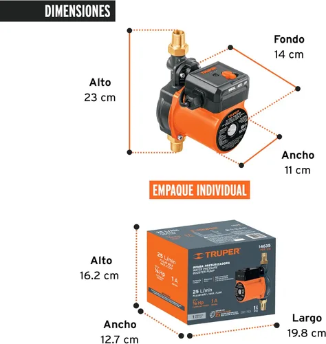 Vista 3 de Truper Bomba Presurizadora de 1/6 HP, Negra, Industrial, Plástica, Caudal de 25 L/min, Altura Máxima de 9 m