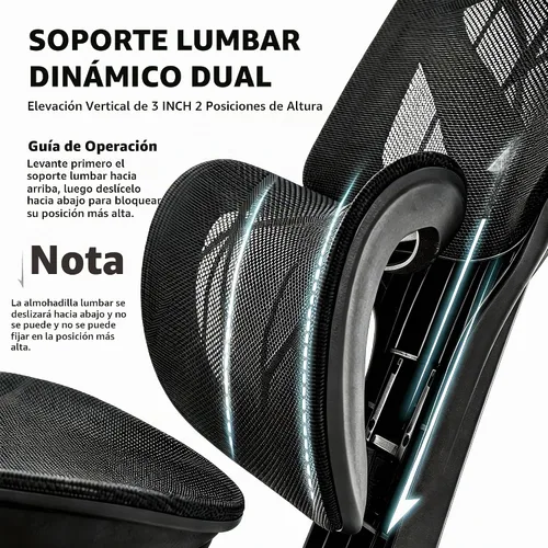 Vista 4 de Silla de oficina con soporte lumbar ajustable 3D, silla ergonómica para computadora, reposacabezas y reposabrazos ajustables, capacidad de 400