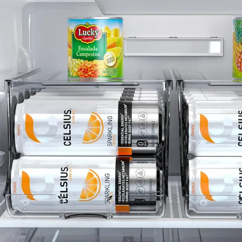Vista 7 de SCAVATA Paquete de 4 organizadores de latas delgadas para refrigerador, dispensador de latas de soda alto y delgado apilable con tapa para nevera