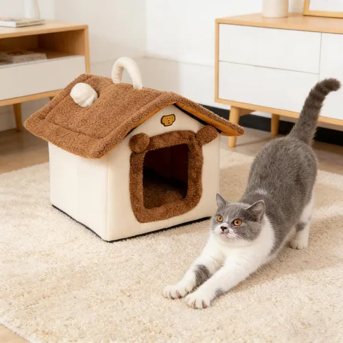 Vista 3 de Cama para gatos de interior, cama tipo cueva de gato con diseño de dibujos animados, diseño de mango, escondite suave para interiores, bonita casa