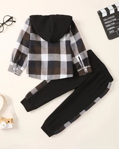 Vista 3 de Conjunto de ropa para bebé y niño, a cuadros, manga larga, sudadera con capucha y pantalones para otoño e invierno