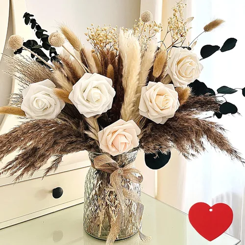 Vista 8 de Flores artificiales blancas y vegetación con jarrón, centro de mesa de arreglo floral sintético para mesa de comedor, flores de seda realistas