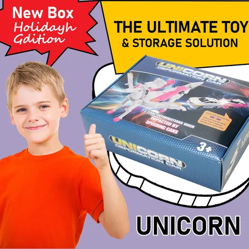 Vista 2 de Juguete transformador definitivo de coche de unicornio – Colisión con unicornios mágicos! 2 piezas de coche transformador robot para niños Azul