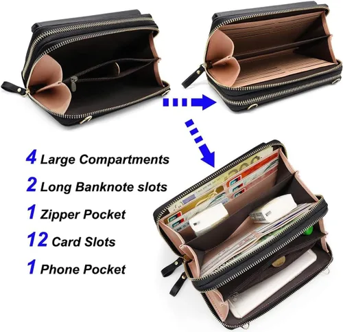 Vista 3 de Cartera de cuero para mujer con doble cremallera y correa para el hombro