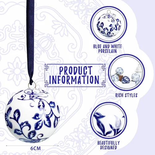 Vista 2 de Cindeer 6 bolas de porcelana china azul y blanca de 2.4 pulgadas, adorno de porcelana a granel de cerámica para Año Nuevo, decoración para fiesta