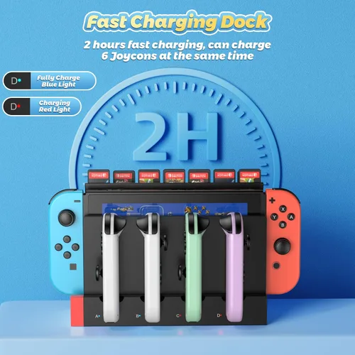 Vista 4 de FastSnail Cargador compatible con Nintendo Switch para Joy con, base de estación de carga y soporte de almacenamiento para tarjetas de juego con 28
