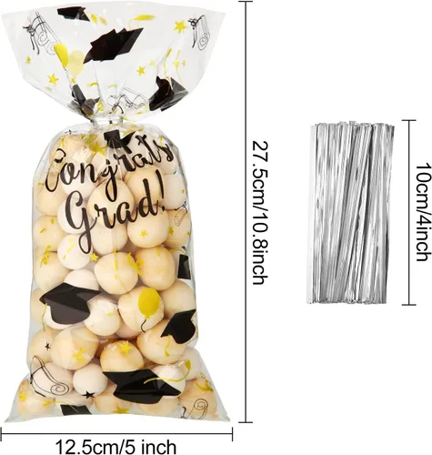 Vista 2 de Blulu 100 bolsas de celofán de graduación, felicitaciones para graduados, bolsas de regalo de plástico con 100 lazos giratorios plateados para Negro