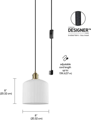 Vista 4 de Globe Electric Lámpara colgante enchufable de 1 luz, pantalla de resina blanca, cable de tela de 15 pies e interruptor en línea, iluminación