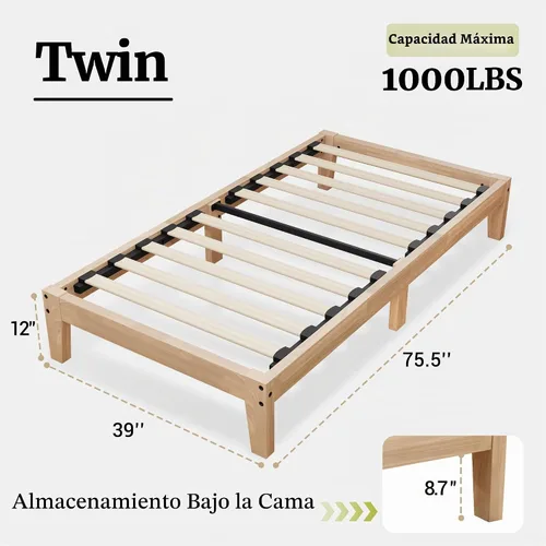 Vista 2 de Awesofurni Marco de Cama Individual, Plataforma de Cama de Madera Maciza de 12 Pulgadas con Listones de Madera, Marco de Cama de Madera con Acabado