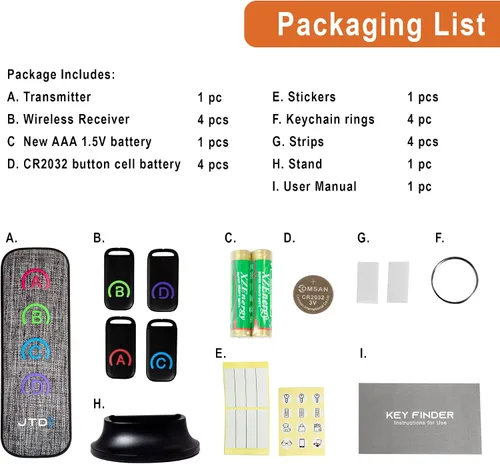 Vista 7 de J-Tech Digital JTDKF4F - Localizador inalámbrico de llaves perdidas y cartera con batería reemplazable (1 transmisor + 4 receptores)