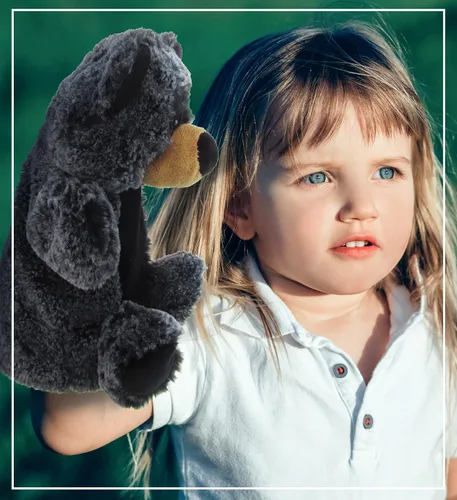 Vista 7 de DolliBu - Marioneta de peluche de oso negro, súper suave, juguetes de peluche de animales salvajes para niños y adultos, lindo oso de peluche negro