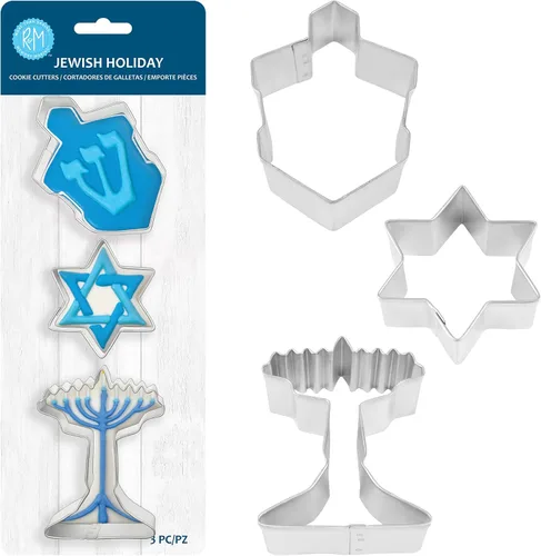 Vista 2 de R&M Juego de cortador de galletas judías, 3 piezas de acero inoxidable - Dreidel, estrella de David y Menorah