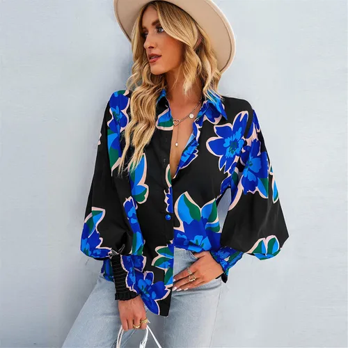 Vista 2 de AELSON Blusa de manga larga con cuello en V y estampado floral para mujer, estilo bohemio, con botones