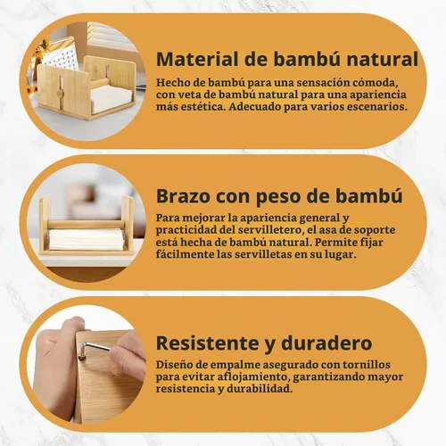 Vista 4 de Servilletero de bambú para mesa, servilletero cuadrado con brazo pesado, soporte de papel de cóctel de madera para cocina, comedor y fiesta