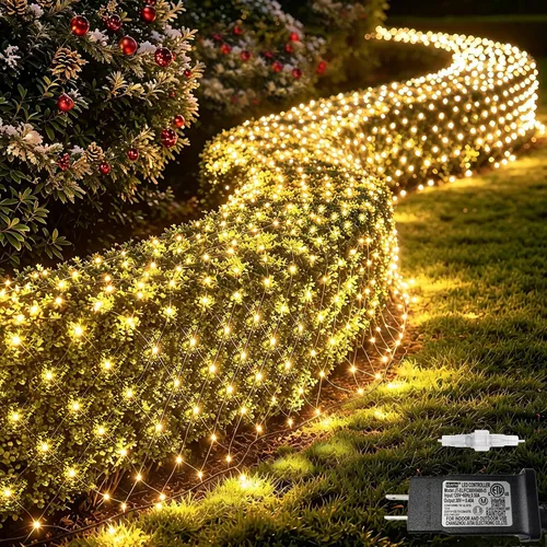 Vista 28 de Pooqla Luces de red solar, 10 x 10 pies, 280 luces LED de red para cenador al aire libre con 8 modos, funciona con energía solar y USB, impermeable