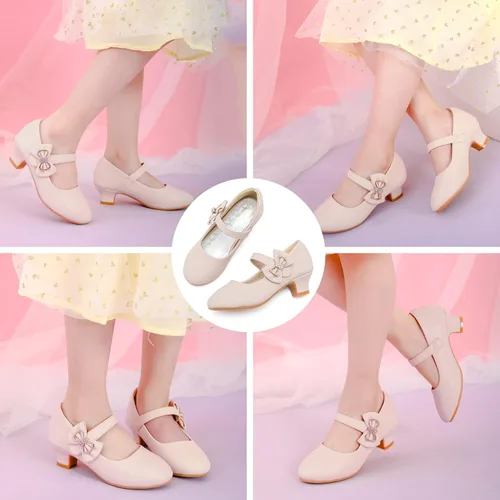 Vista 6 de Dufannie Zapatos de vestir para niñas, zapatos planos de princesa Mary Jane con diseño de flores para bodas, fiestas, con purpurina para niños