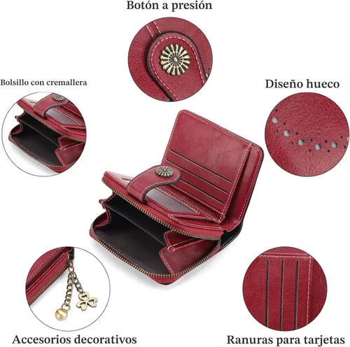 Vista 4 de Cartera pequeña para mujer, de piel, plegable, compacta, con bloqueo RFID, con bolsillo con cremallera para monedas, A01 Rojo Vino, Classic