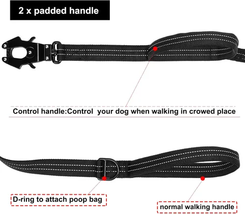 Vista 3 de ICEFANG Correa táctica para perro, correa elástica para entrenamiento K9 con 2 asas de control, cierre de metal de liberación rápida resistente