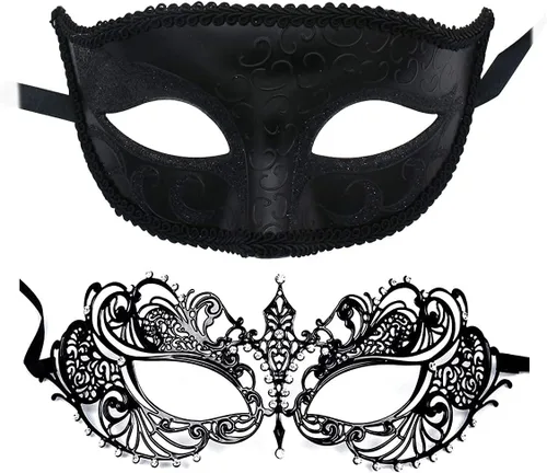 Vista 2 de Juego de máscaras venecianas de silicona realista para parejas, máscara de media cara