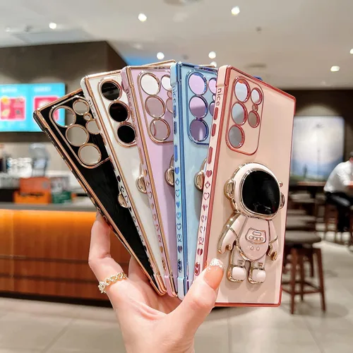 Vista 7 de Omio Funda para Samsung Galaxy S24 Plus con soporte oculto de astronauta, funda de lujo chapado en corazón con borde lateral, pequeño patrón de amor