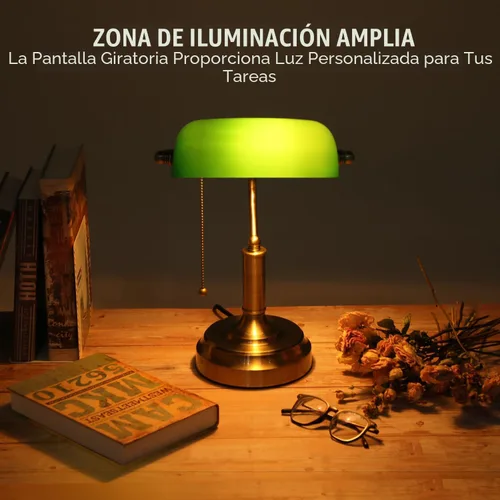 Vista 5 de TORCHSTAR Lámpara de escritorio de cristal verde con cadena de tracción, base E26 Base de acabado de latón, lámpara tradicional antigua para sala