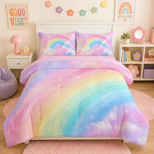 Vista 9 de Juego de ropa de cama arcoíris tamaño individual, edredón reversible de 5 piezas para niñas con sábana de bolsillo profundo, diseño degradado