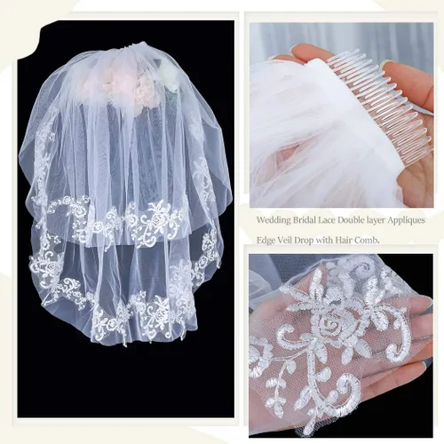 Vista 3 de Salliy Apliques de encaje de doble capa para novia de boda con peine encaje de flores y capilla de perlas marfil