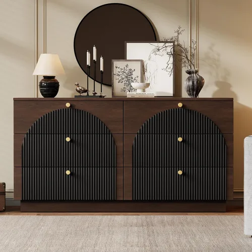 Vista 8 de Cómoda arqueada acanalada para dormitorio, 6 cajones de 55 pulgadas de nogal y negro.