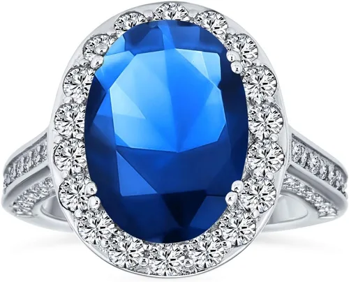 Vista 23 de Anillo de compromiso de plata de ley 925 personalizable con halo de corona ovalada de 5 a 7 quilates con circonita cúbica simulada de zafiro azul