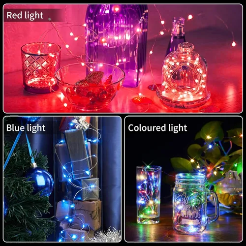Vista 6 de Aogist Paquete de 24 luces de hadas, 3 modos, 2,1 metros, 20 luces LED, impermeables, cable plateado, funcionan con pilas, mini luces de alambre