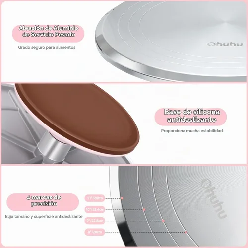 Vista 6 de Ohuhu Tocadiscos para tartas, aluminio de 12 pulgadas, kit de decoración de tartas, suministros giratorios, soporte giratorio con 2 espátulas de Rosa