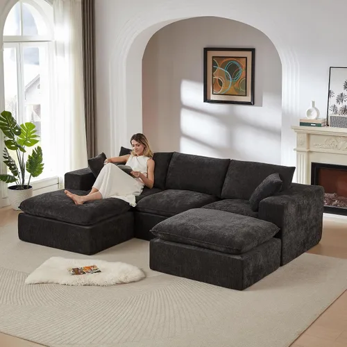 Vista 15 de Cloud - Sofá modular modular - Cómodo sofá de felpilla en forma de L para sala de estar (negro, en forma de L, 2 plazas + 1 otomana)