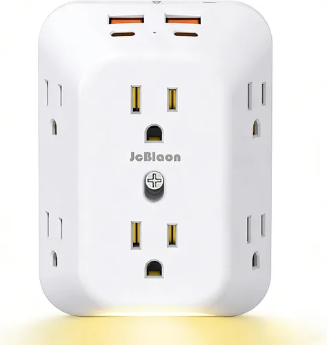 Vista 10 de JcBlaon Protector de sobretensiones extensor de salida, divisor de 6 salidas con 4 puertos USB (2 USB C), adaptador de pared de 4 lados 1050 J