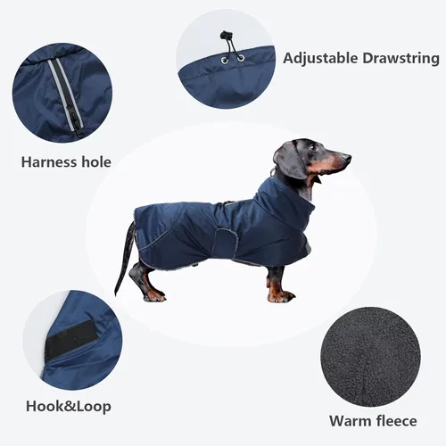 Vista 3 de Abrigos de perro salchicha impermeables, perfectos para perros salchichas, salchichas, abrigo de invierno para perro Weiner con forro polar