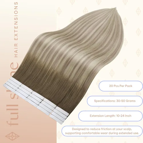 Vista 96 de Full Shine - Extensiones de cabello humano con cinta, mezcla de rubio hongo # 8 castaño ceniza resaltado 60 rubio ceniza