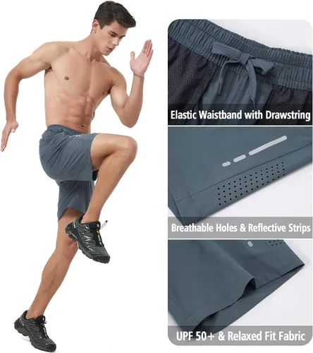 Vista 3 de Pantalones cortos deportivos para correr para hombre, de secado rápido, pantalones cortos de gimnasio de 7 pulgadas, ligeros, deportivos