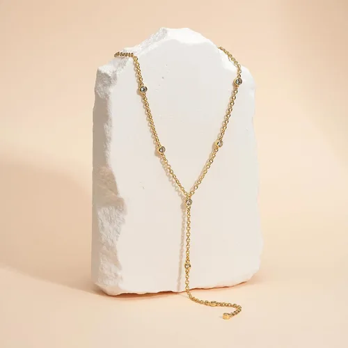 Vista 6 de KissYan Collar Lariat de oro para mujer, delicado chapado en oro de 14 quilates en forma de Y, cadena cubana en capas largas con colgante de gota