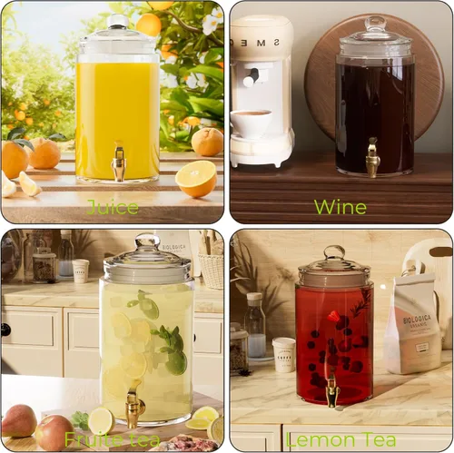 Vista 4 de Dispensadores de bebidas de vidrio para fiestas, paquete de 2 dispensadores de bebidas de 1 galón con tapas, soporte de metal dorado y espita 100% a