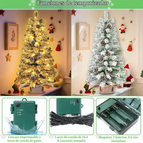 Vista 2 de Timer - 3FT Artificial Mini Christmas Tree, Flocked Tabletop Christmas Tree 50 luces LED blancas cálidas que funcionan con pilas, 108 ramas flocadas