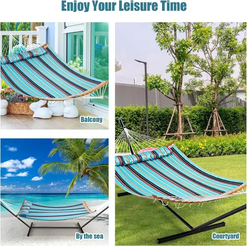 Vista 9 de Giantex Hamaca con almohada desmontable para colgar al aire libre, hamaca de patio con barra separadora de bambú curvada, cadena de acero, hamacas