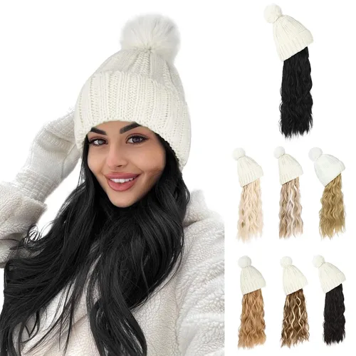 Vista 9 de Flufymooz Gorro con peluca, extensión de pelo con gorro de piel sintética con pompón largo ondulado rizado, peluca con gorro adjunto de 20 pulgadas