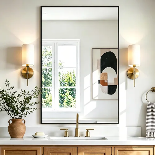 Vista 11 de Espejo rectangular para baño, 30 x 20 pulgadas, marco de metal negro, espejo de pared inastillable HD, para colgar horizontal o verticalmente, fácil
