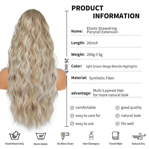 Vista 5 de Extension de cola de caballo con cordón de 26 pulgadas para mujer, extensiones de cola de caballo largas y onduladas, extensiones de cabello
