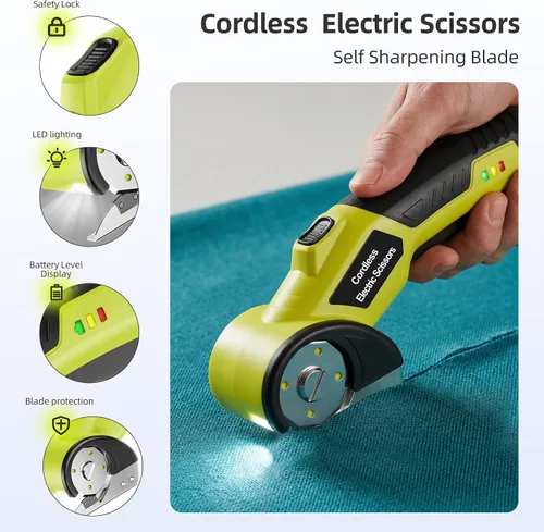 Vista 5 de Cortador eléctrico inalámbrico, cortador de tijeras recargable de 4 V con 2 cuchillas giratorias, cable USB, bolsa de almacenamiento, bloqueo