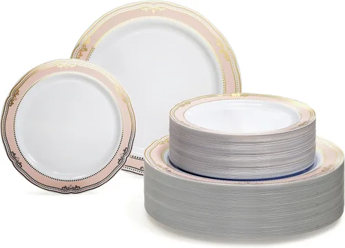 Vista 18 de OCASIONES" Paquete de 50 platos (25 invitados) - Juego de platos de plástico desechables pesados para fiestas de boda - 25 x 10.5'' cena + 25 x