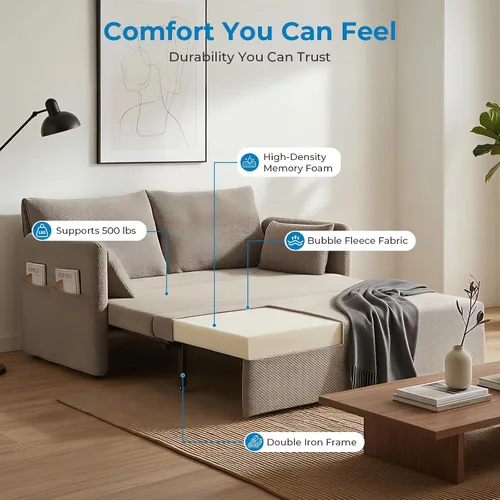 Vista 5 de Mjkone Sofá cama de 66.5 pulgadas de ancho, tamaño Queen para sala de estar Beige