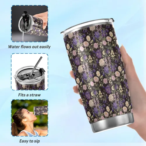 Vista 6 de Garden Daisy Purple Stainless Steel travel cups with Lid and Straw travel mug spill proof for hot and cold drinks simply straw tumbler 20 oz termos