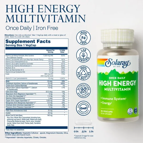 Vista 2 de SOLARAY Multivitamínico Once Daily de alta energía, sin hierro, sistema inmunológico y apoyo energético, ingredientes de base de alimentos